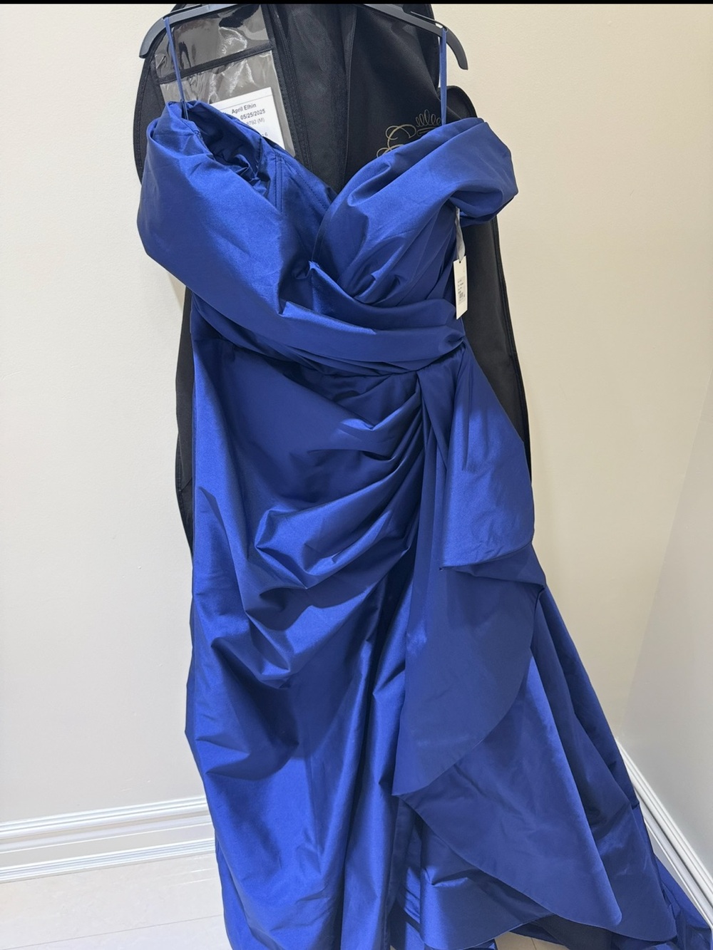 Tarik Ediz Cobalt Blue Strapless Draped Evening Gown